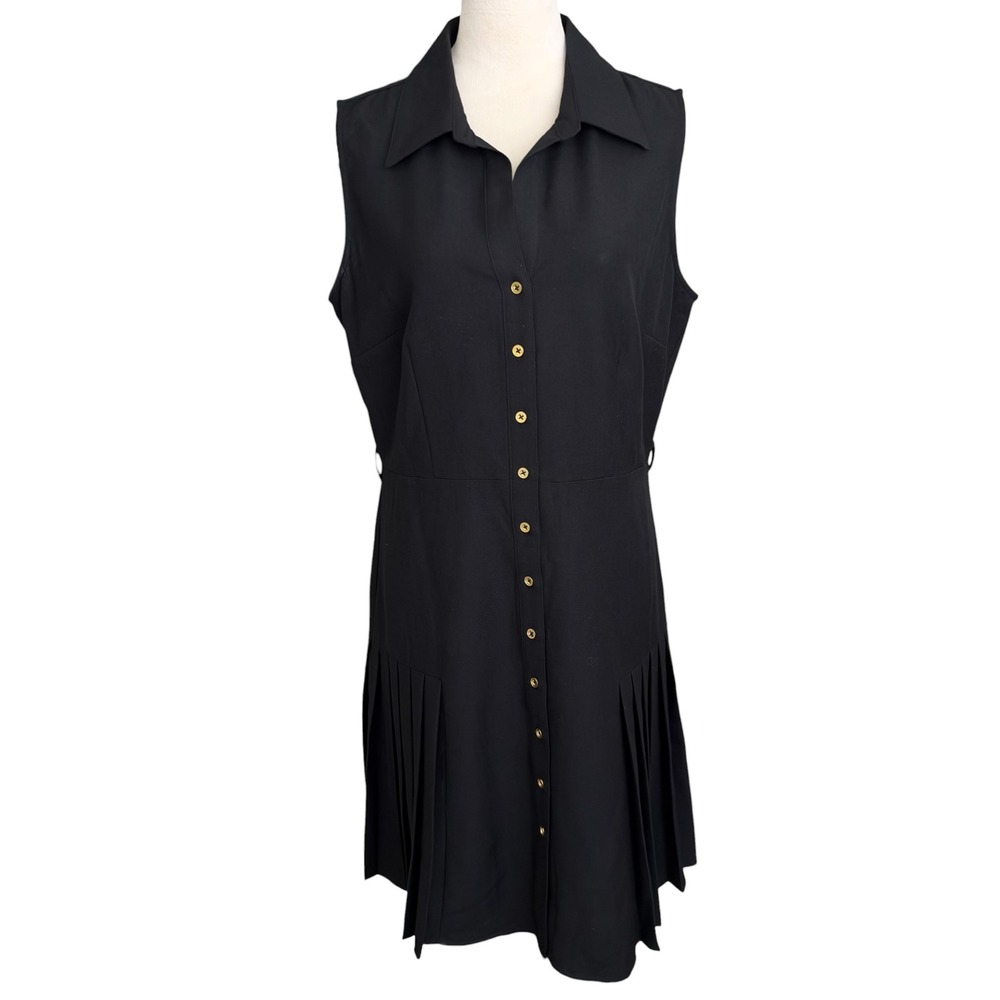 Sharagano Black Sleeveless Pleated Skirt Button Up Collared Mini Dress Size 12
